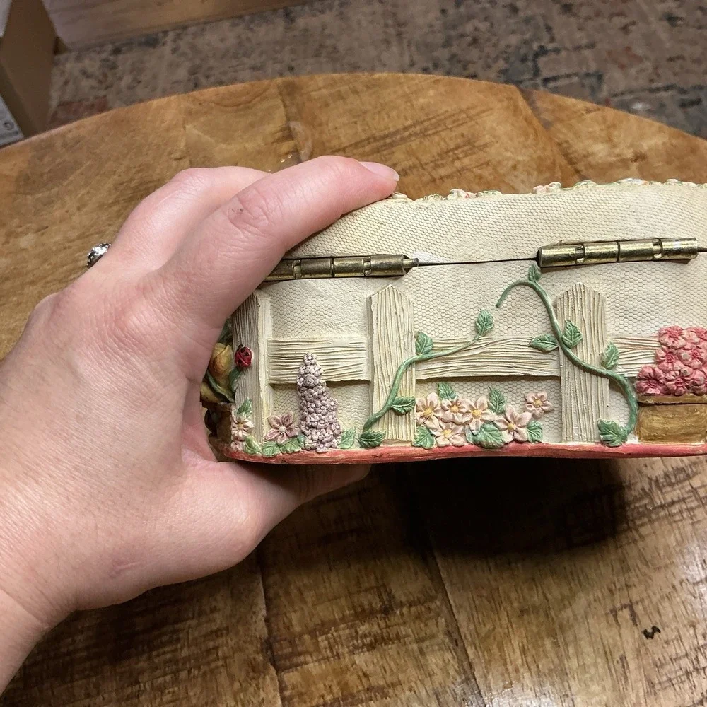 Vintage Heart Shaped Floral‎ Jewelry Trinket Box w/ Mirror Cottagecore